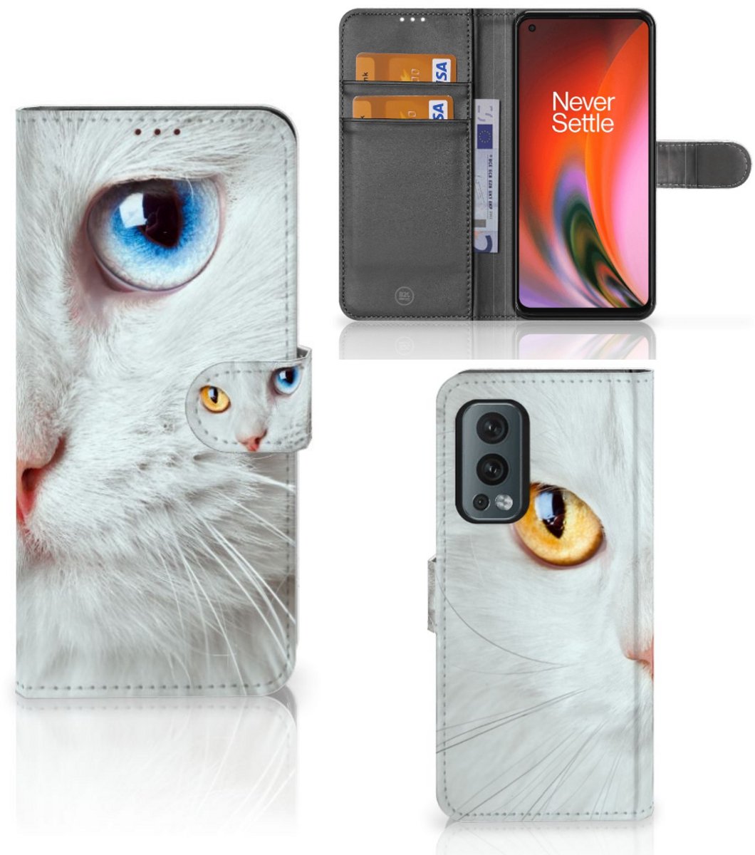 OnePlus Nord 2 5G Telefoonhoesje met Pasjes Witte Kat