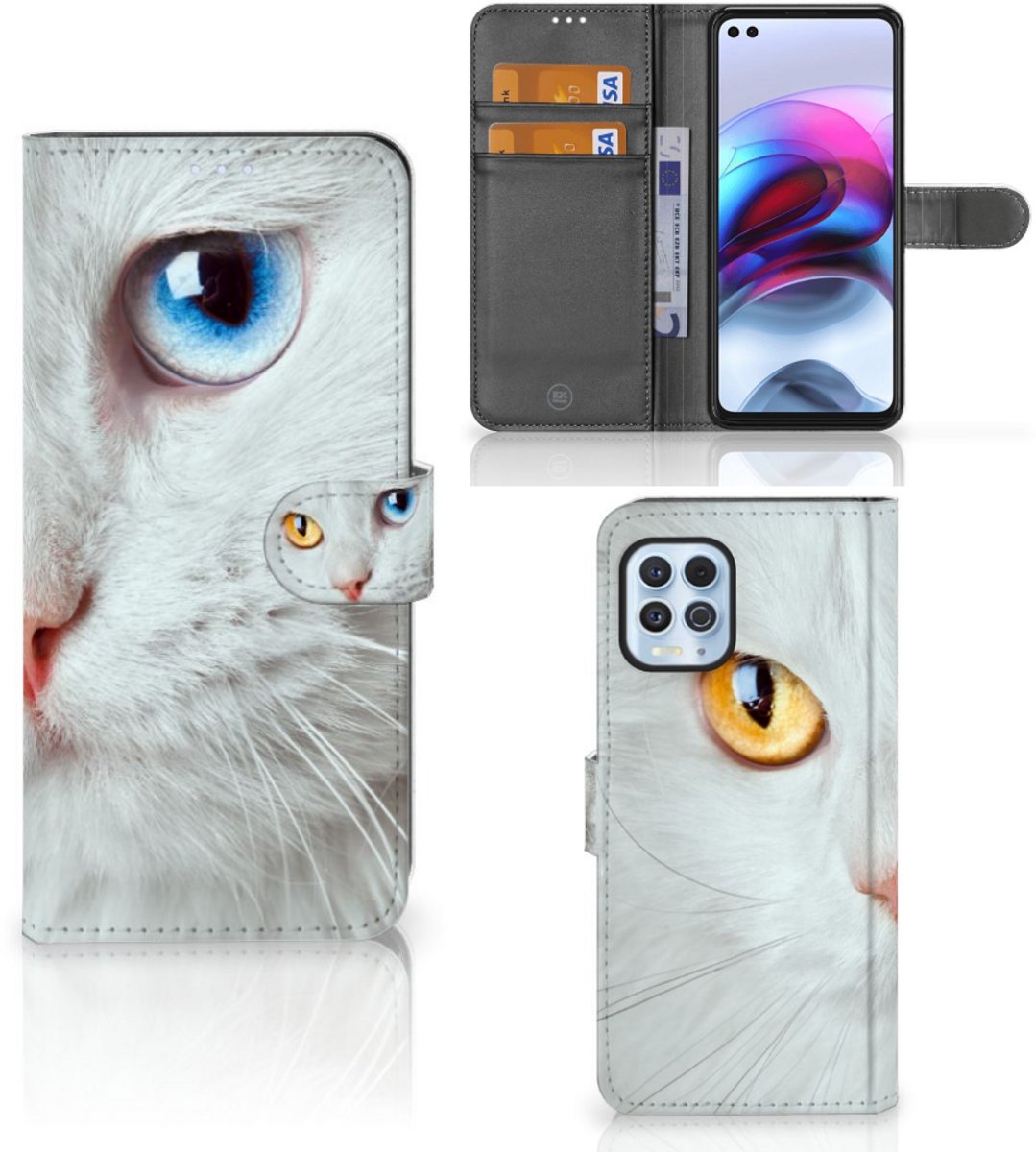 Motorola Moto G100 Telefoonhoesje met Pasjes Witte Kat