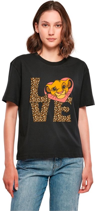 Zwart t-shirt met opdruk 'LOVE' met luipaardprint en Simba uit The Lion King in een hartje.