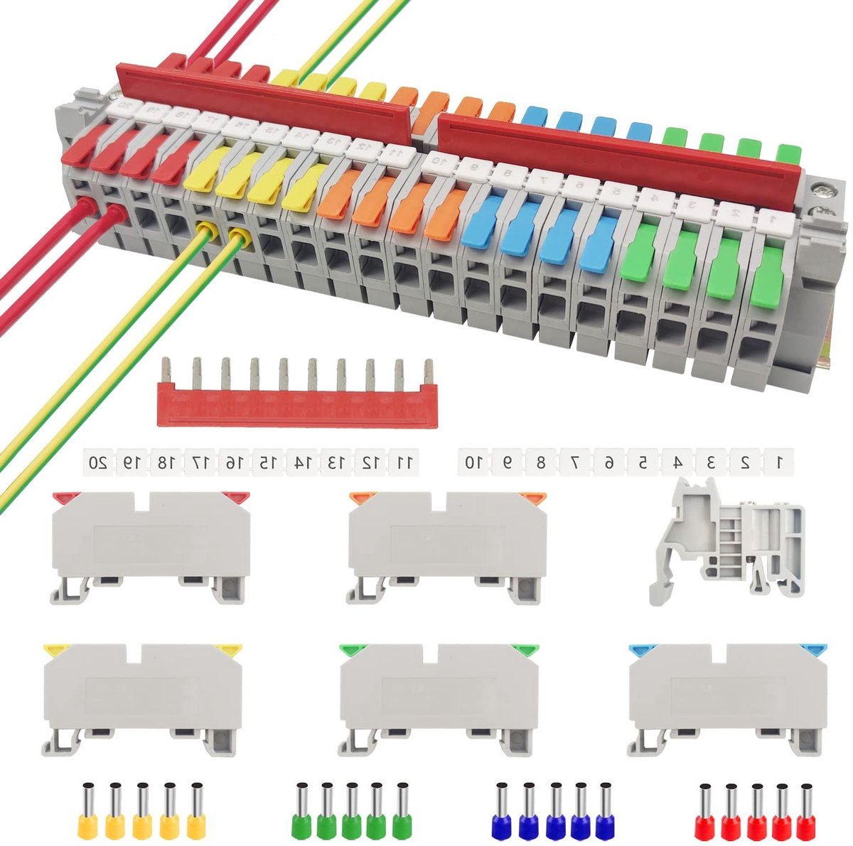 Klemmen voor DIN-rail met 20 stuks in 5 kleuren - Rood, Geel, Blauw, Groen en Oranje voor elektrische verbindingen en bedrading