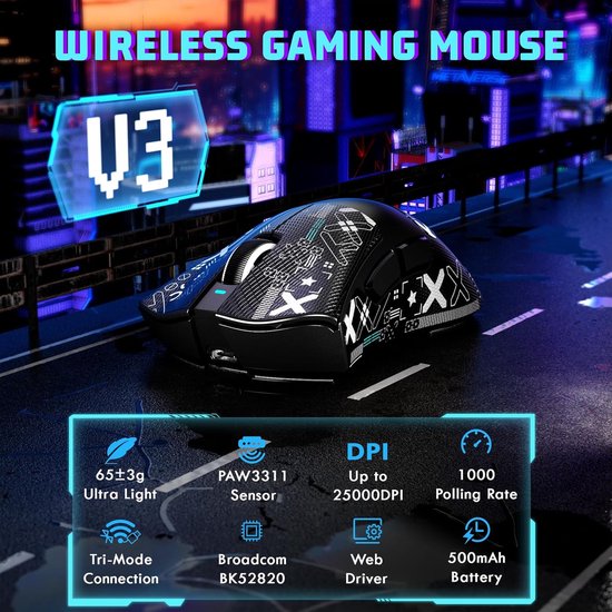 MAMBASNAKE X ATTACKSHARK V3 Wireless Gaming Mouse with Tape, 65g Lightweight Right Hand Split Design, 800-25000DPI Adjustable, 1000Hz, PAW3311 Sensor, BK52820 MCU, 2.4G/BT/Wired, 500mAh — afbeelding 4