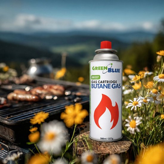 GreenBlue - Gasflessen 56 stuks - Gaspatroon van 227 g. Certificaat: Pi 0875, voldoet aan de norm EN417, butaan, gebruiksbereik -10 °C tot +40 °C, GB227 van GreenBlue — afbeelding 4