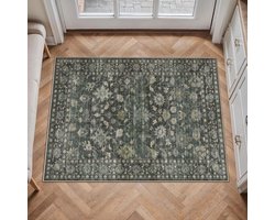 Indoor Doormat 60 x 90 cm Washable Green Vintage Rug Small Entrance Rug Floral Short Pile Non-Slip Floral Boho Rug for Entrance Hallway Corridor Bedroom Kitchen