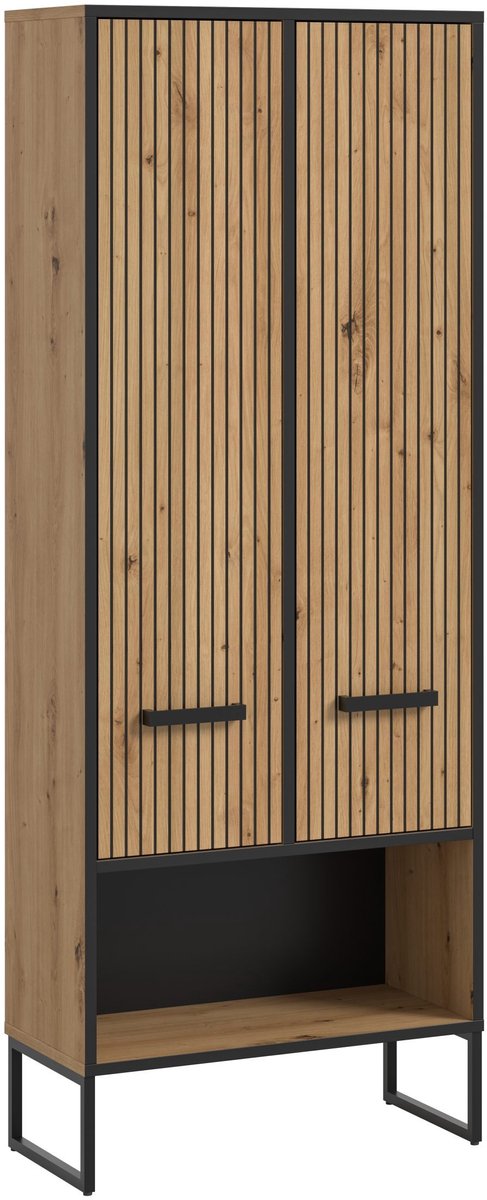 Hoge kast breed - Functionele badkameropbergkast in artisan eik - Moderne rillenfront - 59x159x32cm