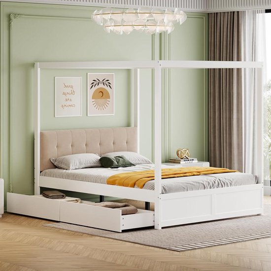 Hemelbed met Laden - Houten Bed Frame - Slaapkamer Inrichten - Gewatteerde Rugleuning - 140x200 cm - Wit