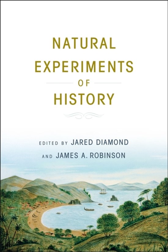 Livre intitulé "Natural Experiments Of History" en lettres jaunes, avec une peinture d'une baie avec des bateaux.