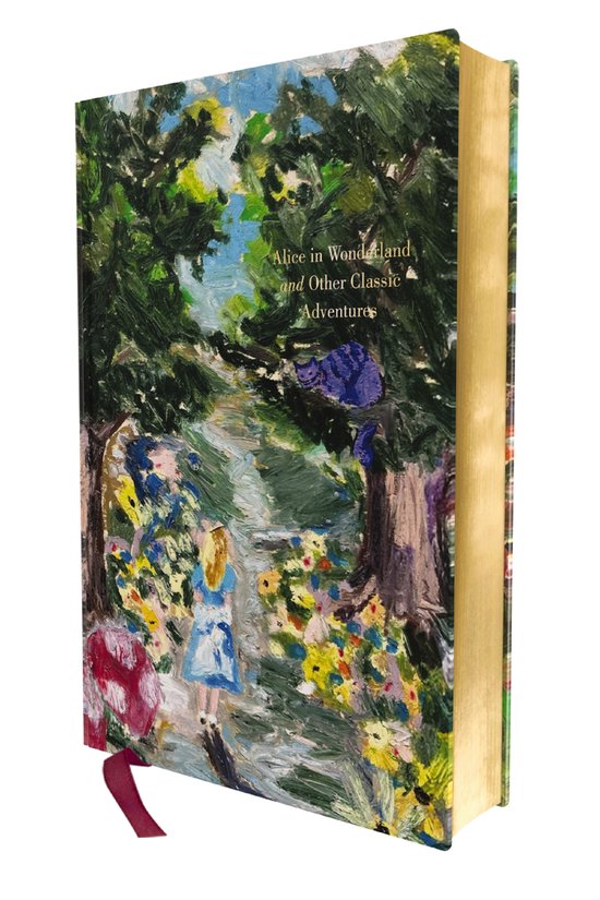 Boek met opdruk van een schilderachtige tuin, met Alice in Wonderland and Other Classic Adventures in goudkleurige letters.