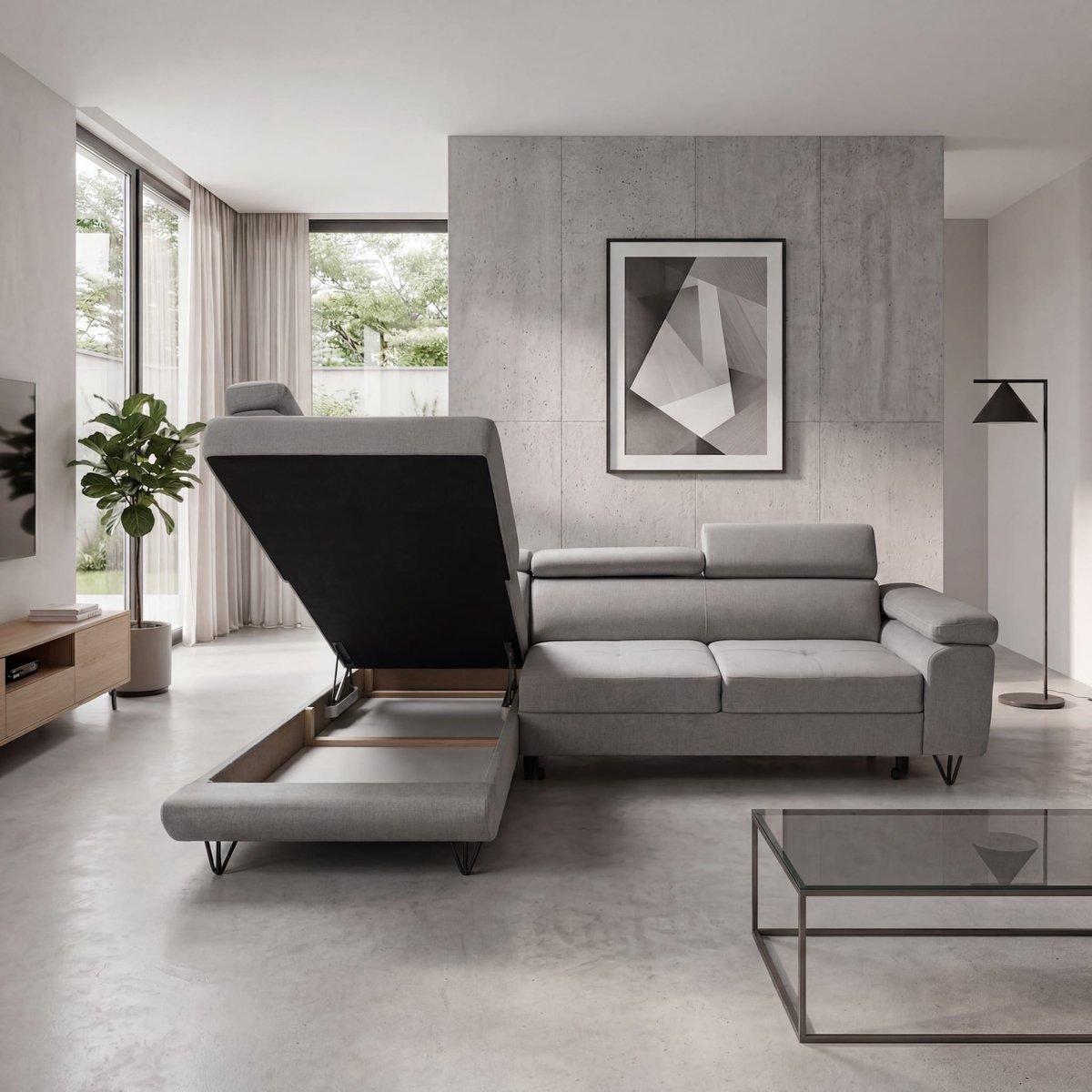 Hoekbank Junior Links - Hoeksalon met slaapfunctie en opbergruimte - Hoekzetel sofa met bed Grijs structuurstof