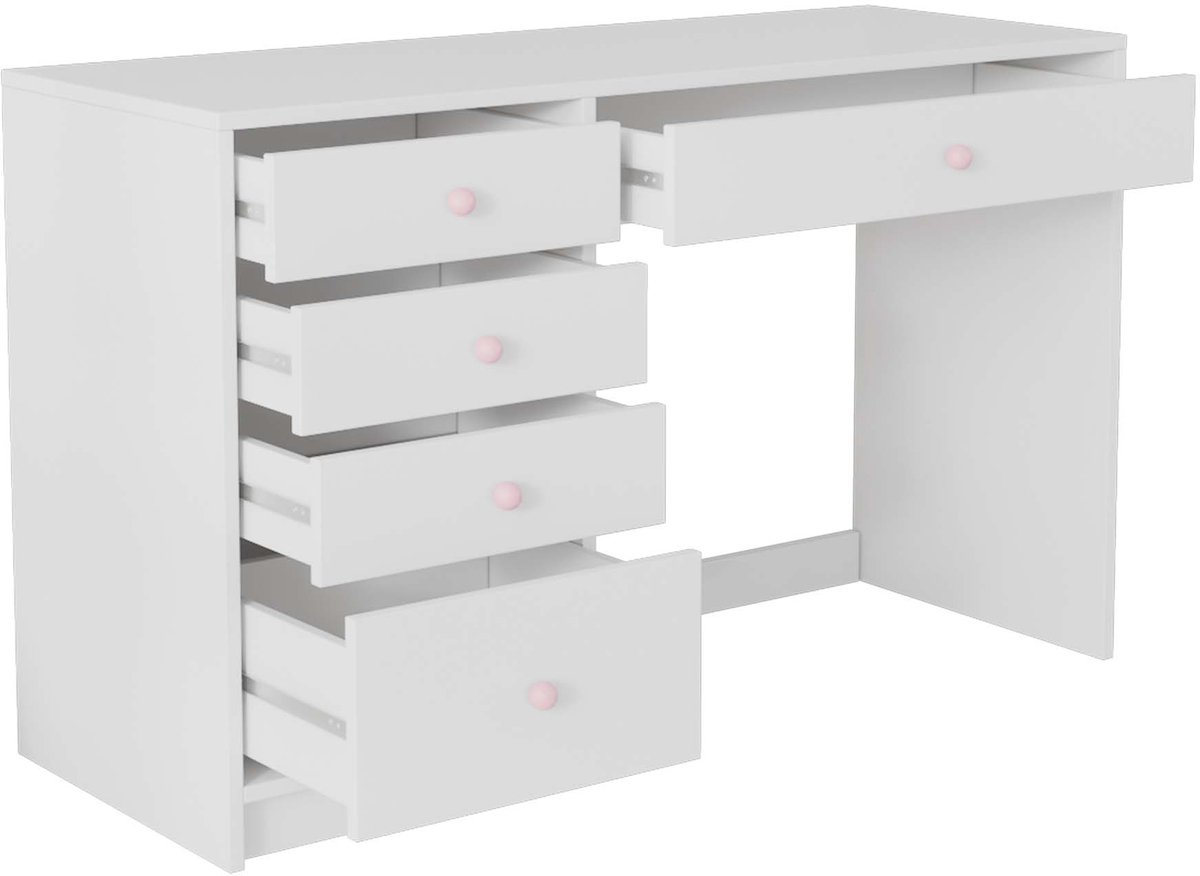 Bureau kaptafel bureau computerbureau met roze handgrepen en 5 lades modern minimalistische stijl kind en volwassene geschikt stevig en duurzaam eenvoudig te reinigen en te monteren geschikt voor studie, werk en slaapkamer 120×45×74cm wit