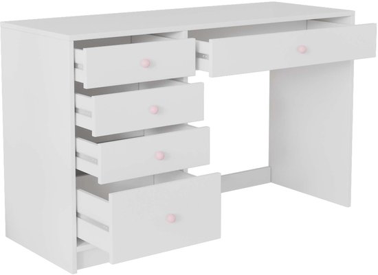 Bureau kaptafel bureau computerbureau met roze handgrepen en 5 lades modern minimalistische stijl kind en volwassene geschikt stevig en duurzaam eenvoudig te reinigen en te monteren geschikt voor studie, werk en slaapkamer 120×45×74cm wit