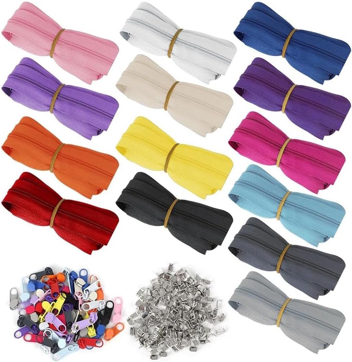 Endless Zipper Set in 14 Kleuren, Nylon met Metalen Slider voor Naaiwerk, Handwerken, Kleding en Tassen, DIY Accessoires en Flexibel op Maat Snijden