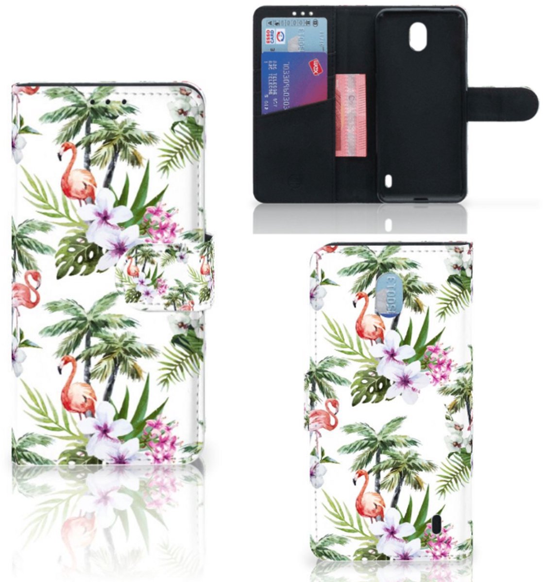 Nokia 1 Plus Telefoonhoesje met Pasjes Flamingo Palms