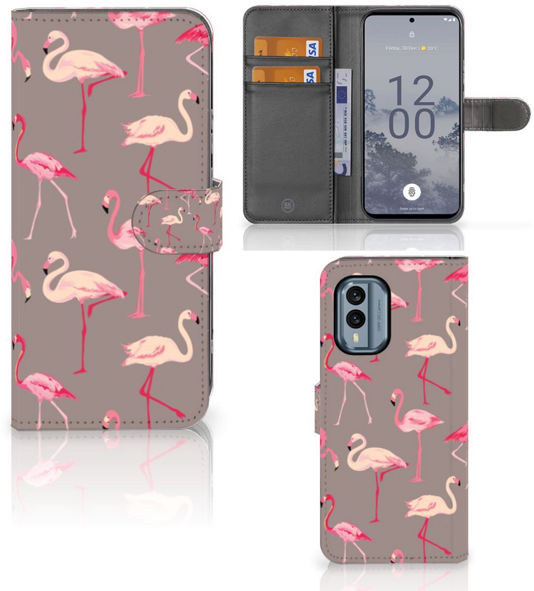 Nokia X30 Telefoonhoesje met Pasjes Flamingo