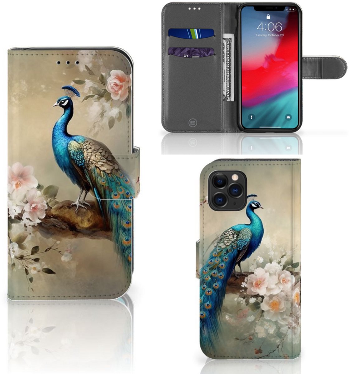 Telefoonhoesje met Pasjes voor Apple iPhone 11 Pro Vintage Pauwen