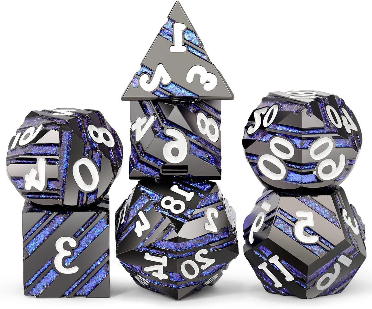 Metalen Dobbelstenen - RPG Dobbelstenen - Tafelspel Avonturen - Gestreepte Metallic Finish - 7 Stuks - Zilver Blauw