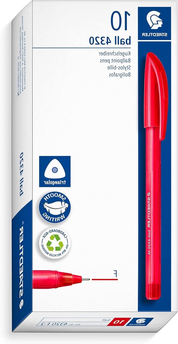 Staedtler Driehoekige stick balpen, schrijfkleur rood, lijnbreedte F ca. 0,7 mm, voor ontspannen schrijven, 10 rode balpen in kartonnen etui, 4320 F-2