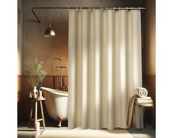 EurCross Douchegordijn met linnen textuur, beige, 180 x 180 cm, zwaar waterdicht, badgordijn voor badkamer, textielstof, anti-schimmel, luxe, wasbaar, douchegordijn met 12 ringen
