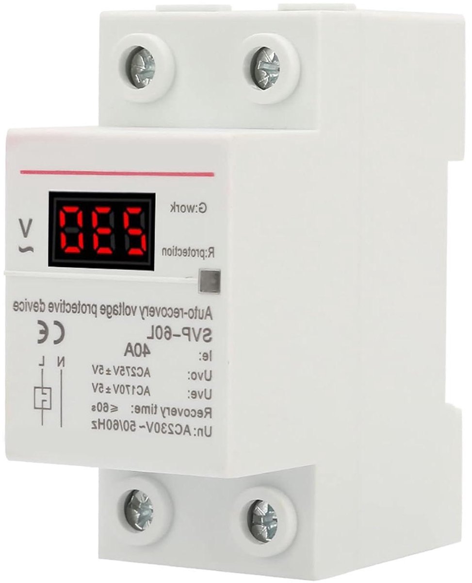 Spanningsbeveiliger DIN-rail - Overspanningsbeveiliging Onderspanning - Apparaten Beveiligen - Automatische Terugschakeling - 77 x 35 x 45 mm - Grijs