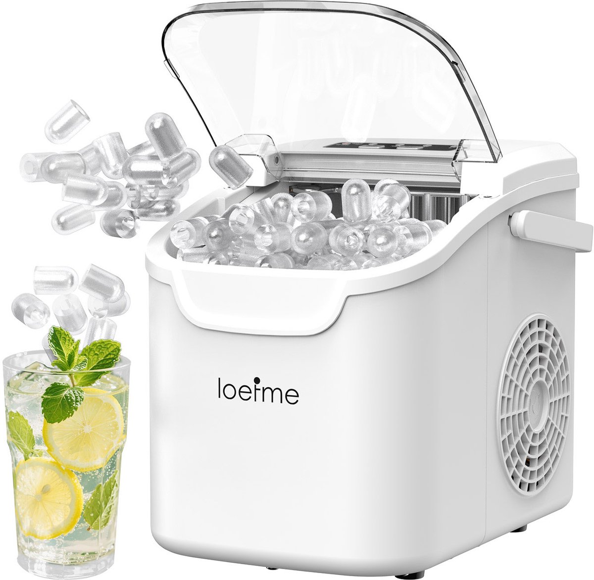 LOEFME Ijsblokjesmachine - 0,8L - Ijsblokjesmaker - 12kg/24 uur - Ijsmand & IJsschep - Zelfreinigingsfunctie - Wit
