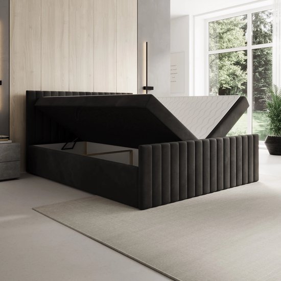 Meubella - Tori - Boxspring met opbergruimte - Stof zwart - 160x200 cm