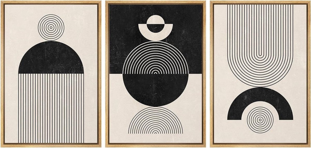Ingelijste Canvas Set - Wanddecoratie Kunst - Woonkamer Decoreren - Geometrische Abstracte Vormen - 3x 16x24 inch - Meerdere Kleuren Beschikbaar