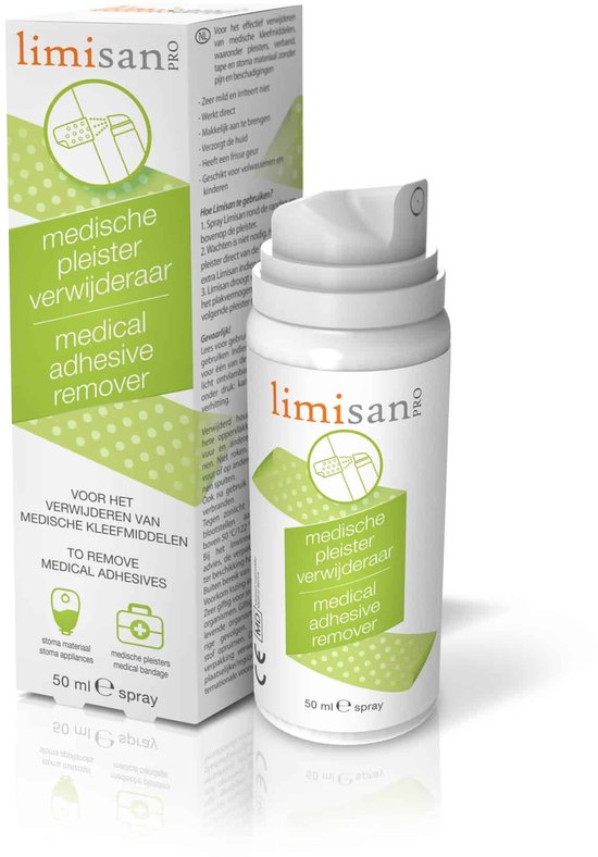 Limisan Pro medicale pleister verwijderaar spray, 50ml, met groene en witte verpakking en een afbeelding van pleisters.