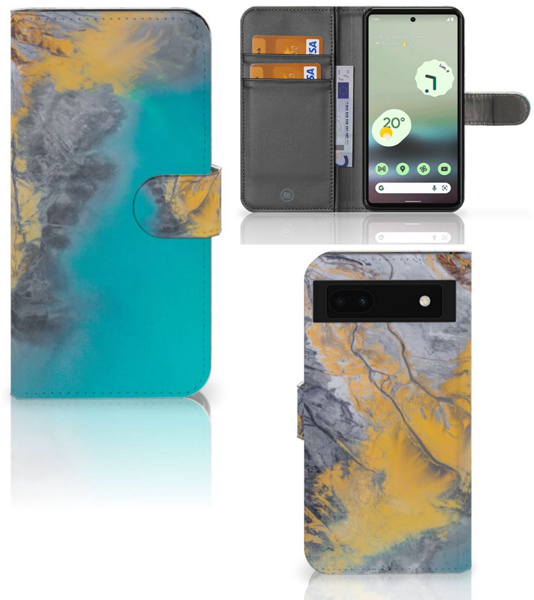 Book Case voor Google Pixel 6A Bookcase Marble Blue Gold