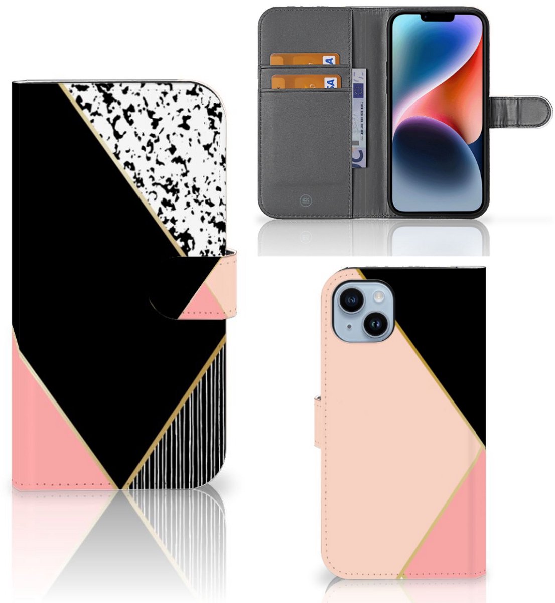 iPhone 15 Plus Book Case Zwart Roze Vormen