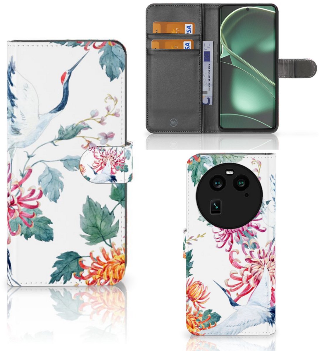 Book Case voor OPPO Find X6 Telefoonhoesje met Pasjes Bird Flowers