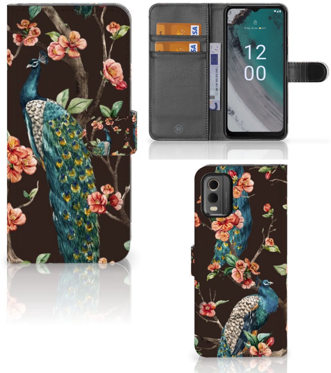Nokia C32 Telefoonhoesje met Pasjes Pauw met Bloemen