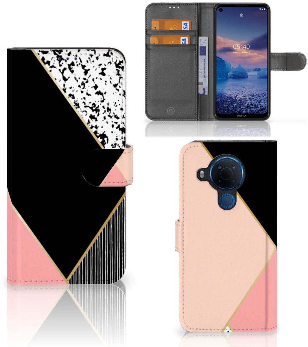 Nokia 5.4 Book Case Zwart Roze Vormen