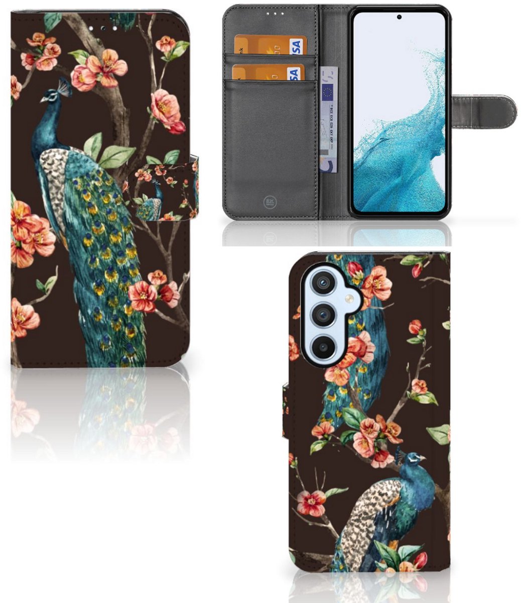 Samsung Galaxy A54 5G Telefoonhoesje met Pasjes Pauw met Bloemen