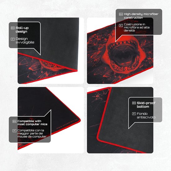 White Shark, Skywalker XL, gaming-muismat, gemaakt van rubber voor mobiele telefoon met anti-slip systeem, rood haai-design op zwarte ondergrond, afmetingen 800 x 350 mm van White Shark — afbeelding 2
