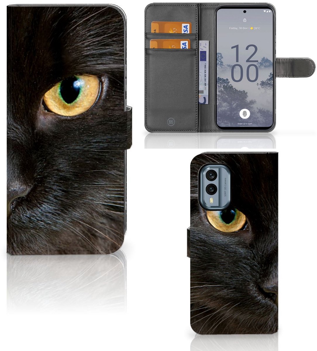 Nokia X30 Telefoonhoesje met Pasjes Zwarte Kat