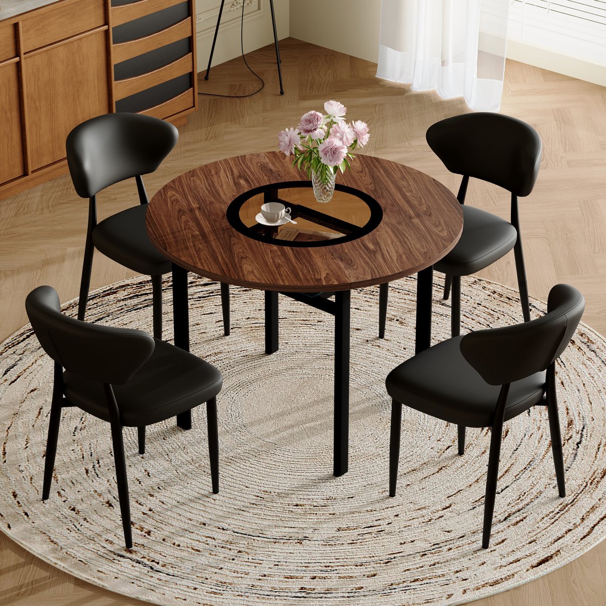 OKWISH Eethoek Set 100 Cm - Ronde Eettafel Met 4 Stoelen En Glas Inleg - Voor Eetkamer Of Keuken - MDF Metaal PU - Bruin Zwart