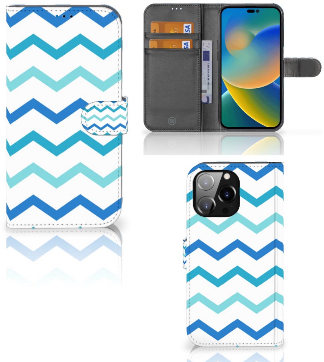 Boekhoesje voor iPhone 14 Pro Max Telefoon Hoesje Zigzag Blauw