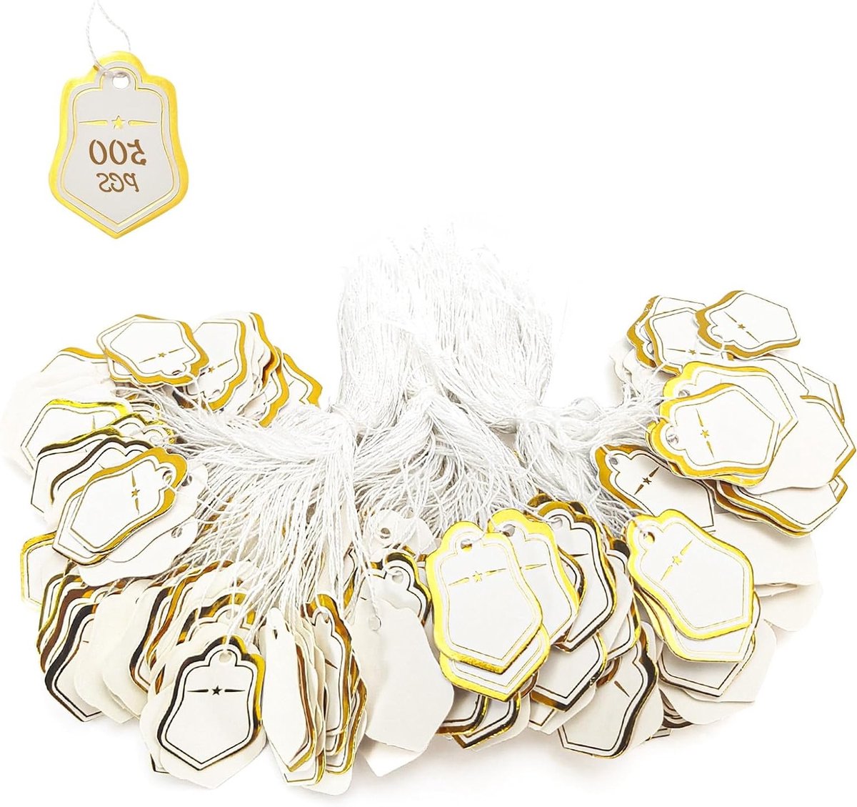 500 Stuks Papieren Prijsetiketten met Koord, Display Labels voor Kleding, Markeringstags met Elastisch Touw (Goud, Perzikvorm)