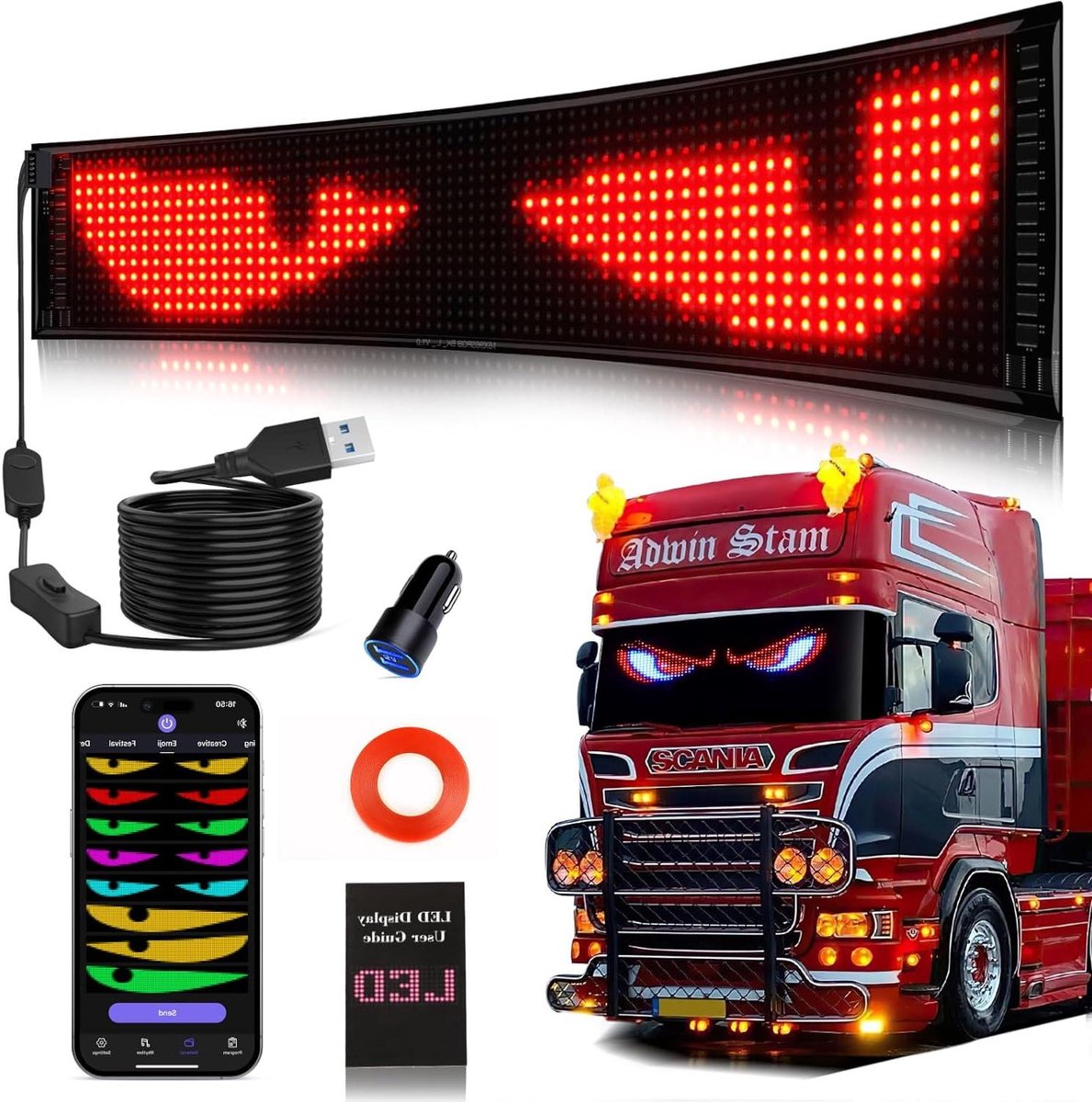 LED Ogen Display - Programmeerbaar Licht Teken - Auto Personaliseren - Full Color Weergave - 23 x 5 inch - Zwart