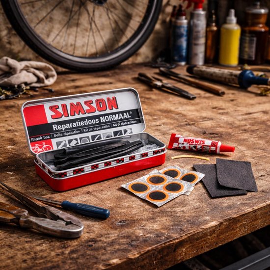 Maifede Fietsbandenreparatieset – 24 Gevulkaniseerde Patches, Vulkaniseervloeistof, Schuurpapier, Kleurpotlood En Schraper – Compact En Compleet Voor Alle Fietsbanden (ook BMX En Motor)