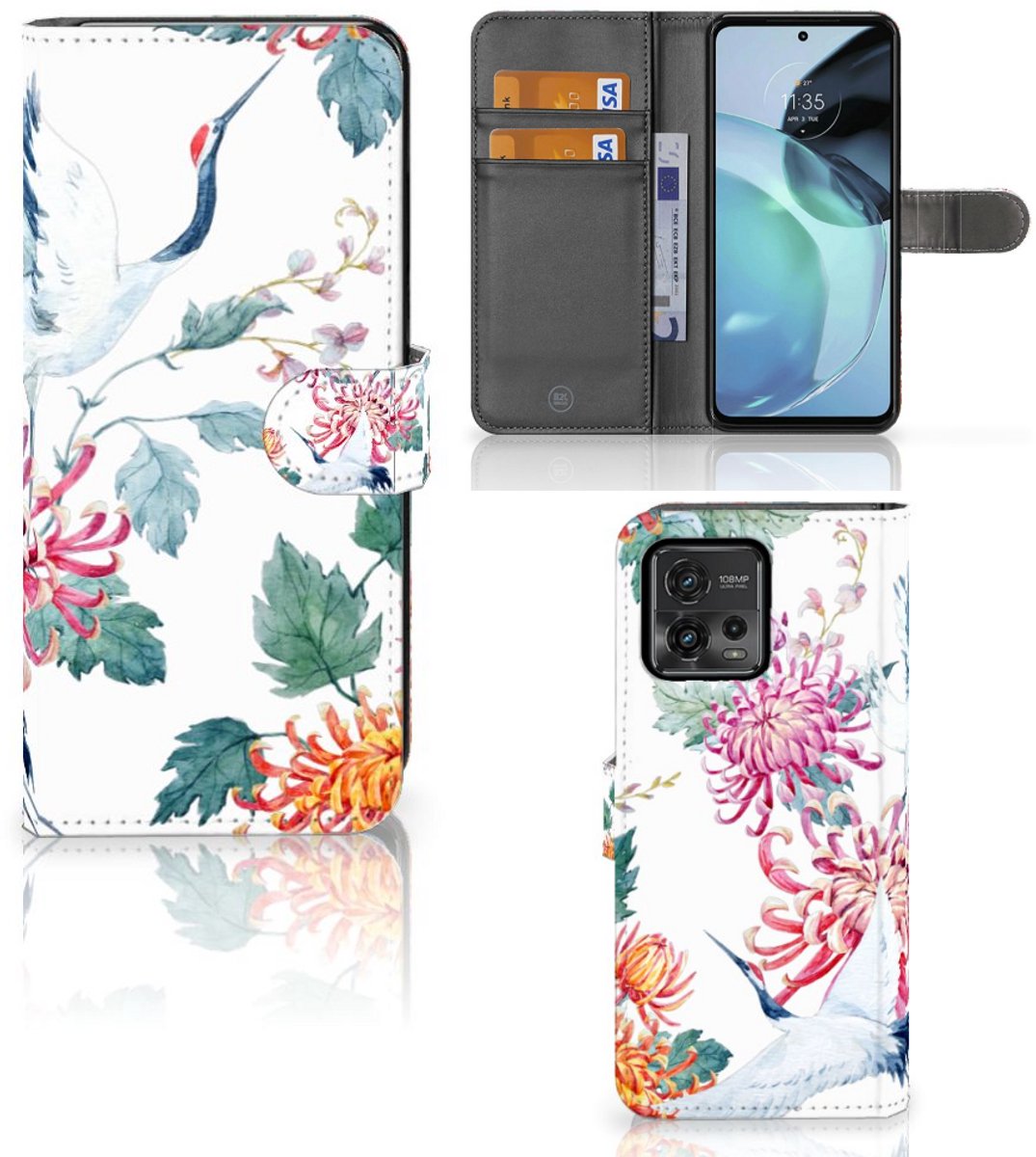 Motorola Moto G72 Telefoonhoesje met Pasjes Bird Flowers