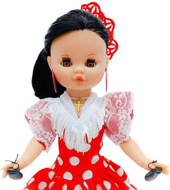 Folk Artesanía Set Nancy Classic Regional Pop Jurk met kammen, kastanjes en schoenen. Pop niet inbegrepen (rood wit maan) — afbeelding 2