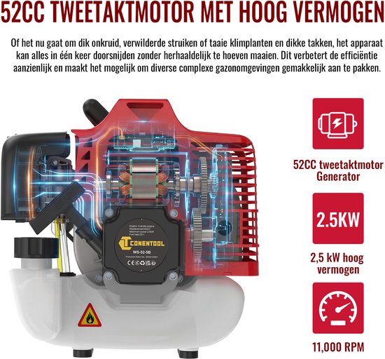 CONENTOOL 5-in-1 Benzine Bosmaaier - 52cc 2-takt - Grastrimmer, Heggenschaar & Onkruidverwijderaar - Met Draagharnas van Conentool — afbeelding 4