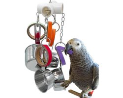 Duurzame vogel papegaaien potten en bagel speelgoed, trekbare roestvrijstalen beker en kartonnen ring speelgoed voor Amazones Mini ara Afrikaanse grijzen kaketoes ectus
