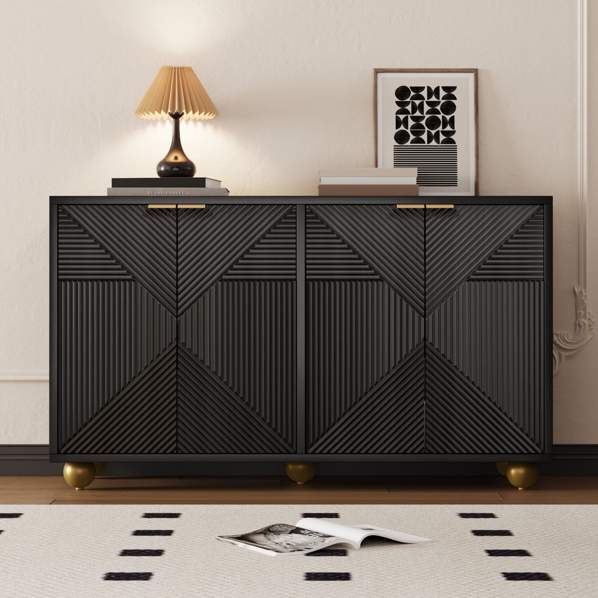 Zwart Dressoir met 4 Deuren 120x35x71,5 cm - Sideboard met Verstelbare Planken - Gegraveerd Patroon en Gouden Bolpoten
