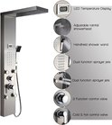 RVS douchepaneel met digitaal display en tekstuele uitleg van de functies.