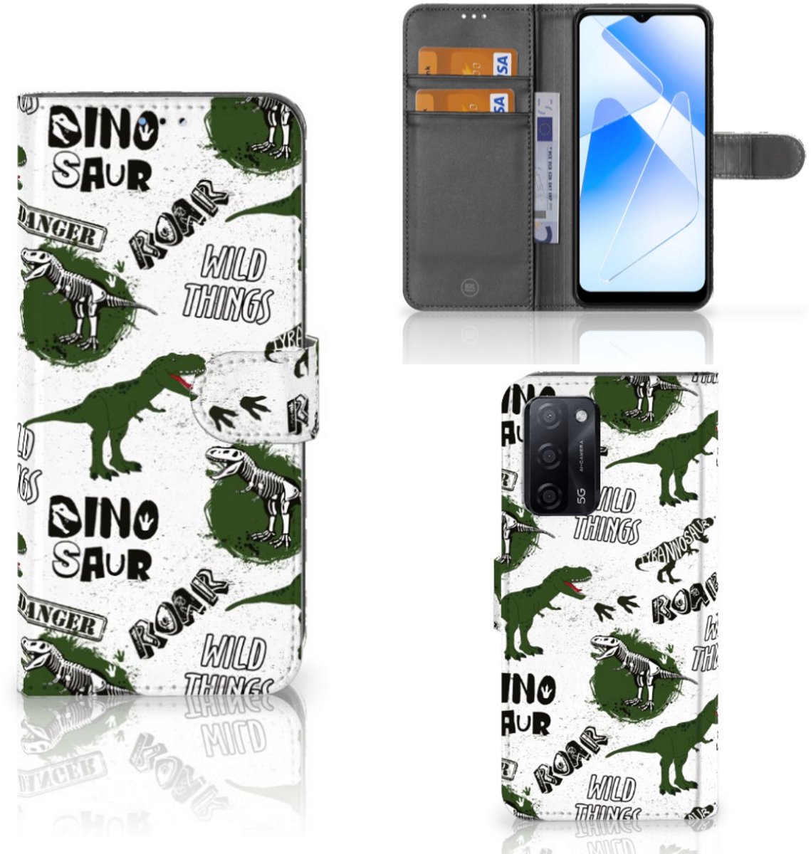 Telefoonhoesje met Pasjes voor OPPO A16/A16s/A54s Dinosaurus