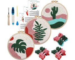 HAOCOO 3 sets ponsnaaldkits, ponsnaaldkits voor volwassenen, beginners, ponsnaaldgereedschap met ponsnaaldstof, hoepels, garens en naainaalden (planten)