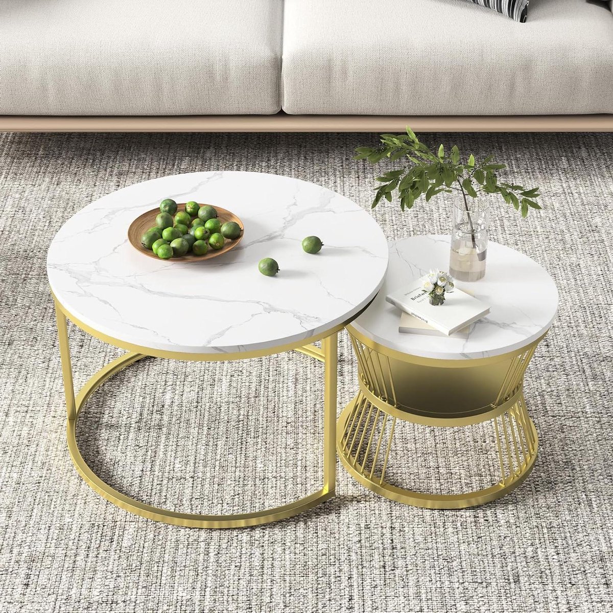 Salontafel set van 2, bijzettafels, ronde salontafel met opbergruimte, metalen frame, bijz