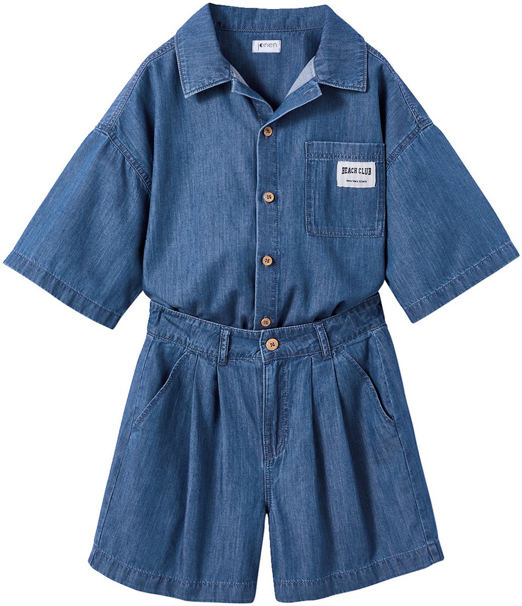 Jonen Meisjesset short top in lichte denim