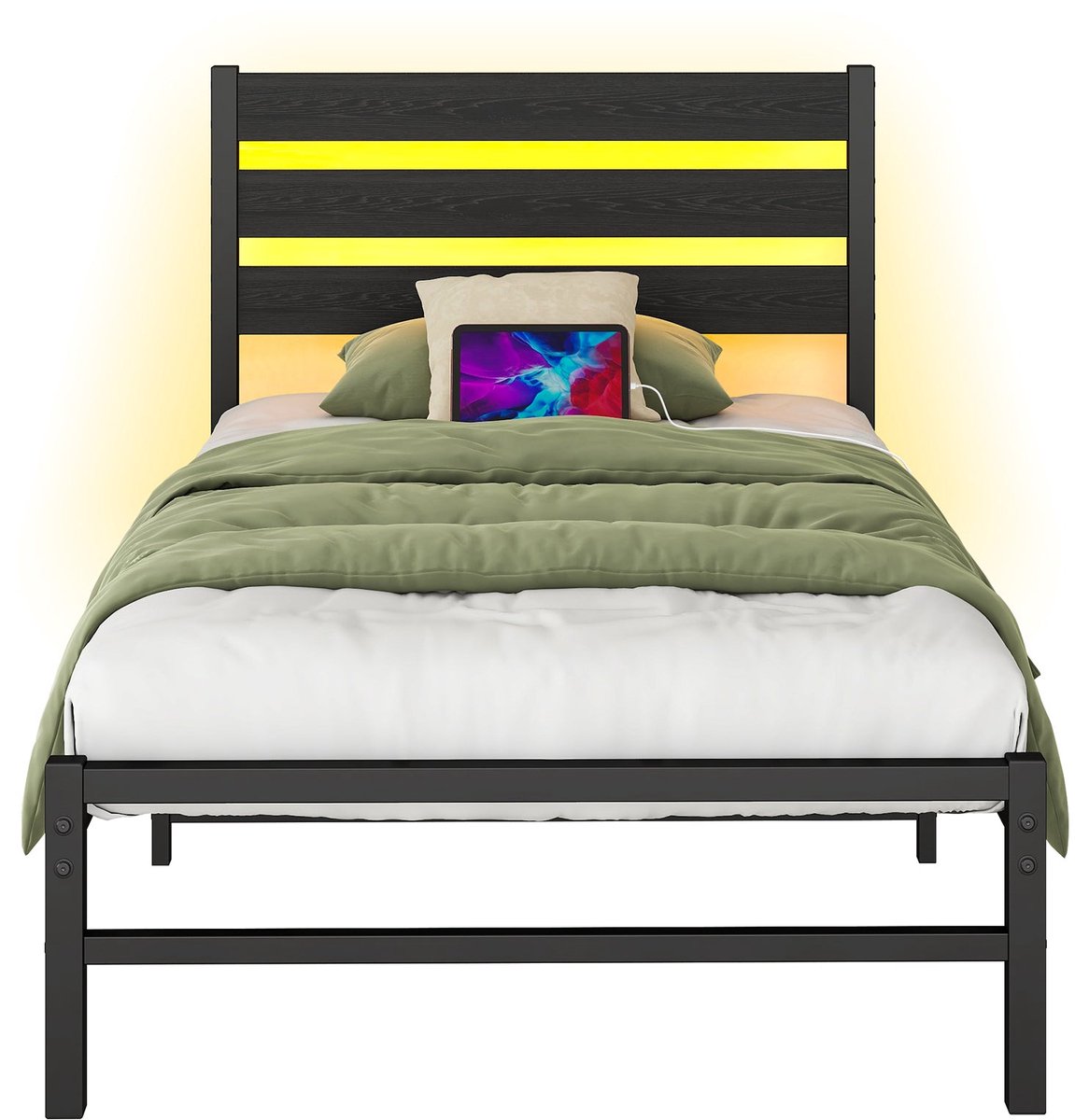 Merax Metalen Bed 90x200 - met LED Verlichting met Afstandsbediening - USB Oplaadpunt - Houten Hoofdbord - Opbergruimte Onder Bed